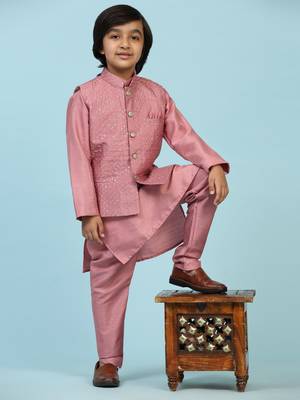Pink Silk Kurta Pajama Set for Boys Kids Ethnic Wear with Embellished Design 1