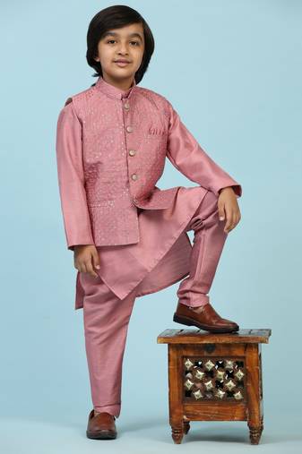 Pink Silk Kurta Pajama Set for Boys Kids Ethnic Wear with Embellished Design