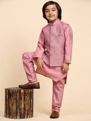 Pink Silk Kurta Pajama Set for Boys Kids Ethnic Wear with Embellished Design 2