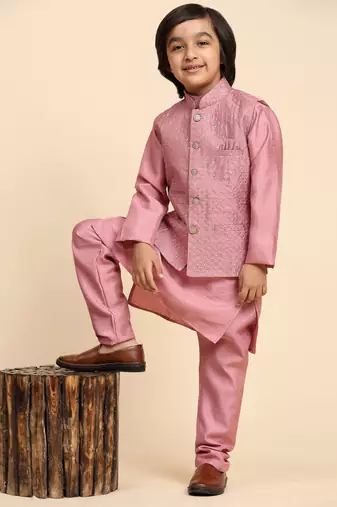 Pink Silk Kurta Pajama Set for Boys Kids Ethnic Wear with Embellished Design