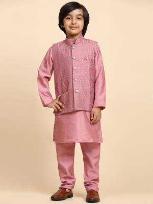 Pink Silk Kurta Pajama Set for Boys Kids Ethnic Wear with Embellished Design 4