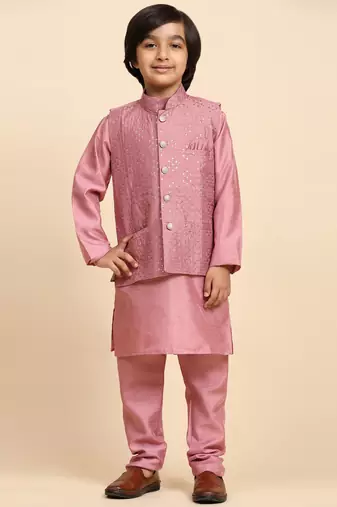 Pink Silk Kurta Pajama Set for Boys Kids Ethnic Wear with Embellished Design