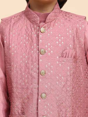 Pink Silk Kurta Pajama Set for Boys Kids Ethnic Wear with Embellished Design 5
