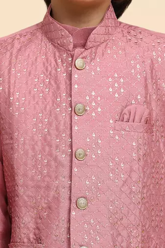 Pink Silk Kurta Pajama Set for Boys Kids Ethnic Wear with Embellished Design