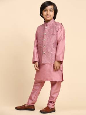 Pink Silk Kurta Pajama Set for Boys Kids Ethnic Wear with Embellished Design 6