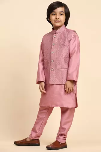 Pink Silk Kurta Pajama Set for Boys Kids Ethnic Wear with Embellished Design
