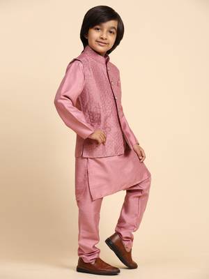 Pink Silk Kurta Pajama Set for Boys Kids Ethnic Wear with Embellished Design 7