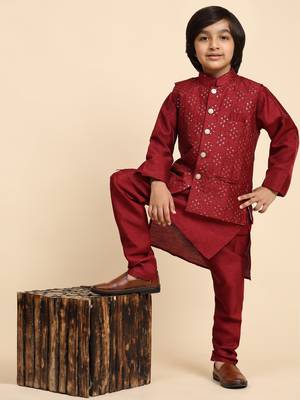 Maroon Silk Kurta Pajama Set for Boys Kids Ethnic Wear with Embellished Design 1