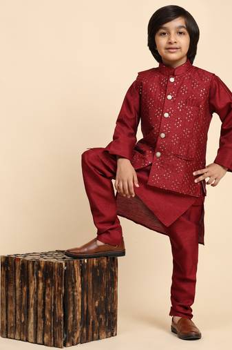 Maroon Silk Kurta Pajama Set for Boys Kids Ethnic Wear with Embellished Design