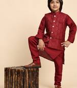 Maroon Silk Kurta Pajama Set for Boys Kids Ethnic Wear with Embellished Design