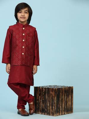 Maroon Silk Kurta Pajama Set for Boys Kids Ethnic Wear with Embellished Design 2