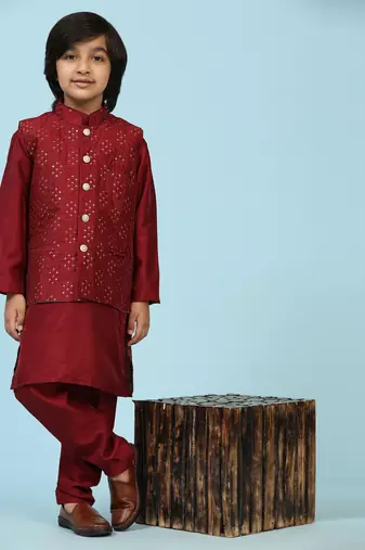 Maroon Silk Kurta Pajama Set for Boys Kids Ethnic Wear with Embellished Design