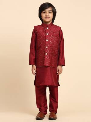 Maroon Silk Kurta Pajama Set for Boys Kids Ethnic Wear with Embellished Design 3