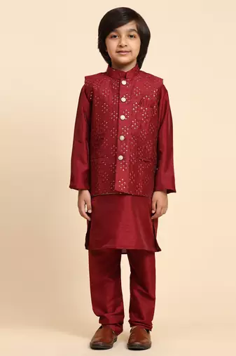 Maroon Silk Kurta Pajama Set for Boys Kids Ethnic Wear with Embellished Design