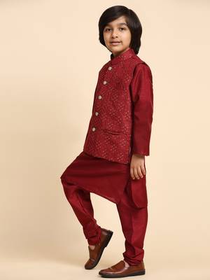 Maroon Silk Kurta Pajama Set for Boys Kids Ethnic Wear with Embellished Design 4