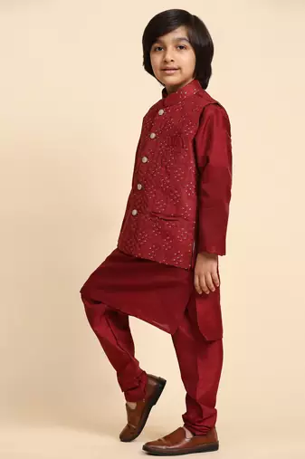 Maroon Silk Kurta Pajama Set for Boys Kids Ethnic Wear with Embellished Design
