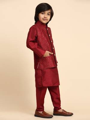 Maroon Silk Kurta Pajama Set for Boys Kids Ethnic Wear with Embellished Design 5