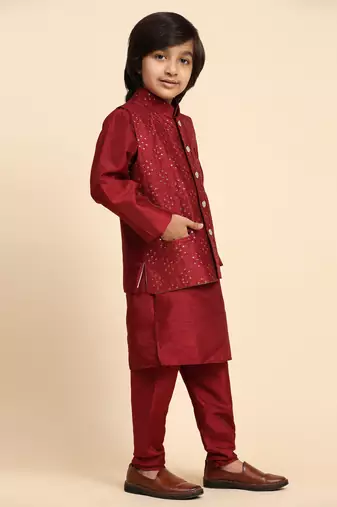 Maroon Silk Kurta Pajama Set for Boys Kids Ethnic Wear with Embellished Design