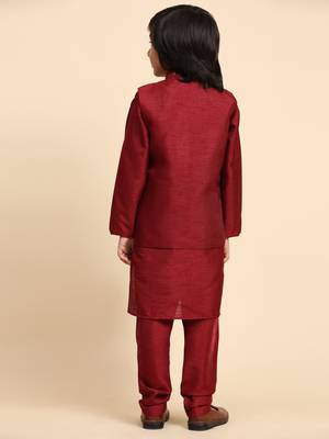 Maroon Silk Kurta Pajama Set for Boys Kids Ethnic Wear with Embellished Design 6