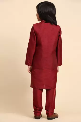 Maroon Silk Kurta Pajama Set for Boys Kids Ethnic Wear with Embellished Design