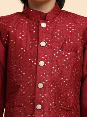 Maroon Silk Kurta Pajama Set for Boys Kids Ethnic Wear with Embellished Design 7