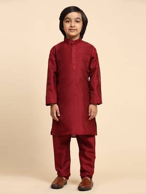 Maroon Silk Kurta Pajama Set for Boys Kids Ethnic Wear with Embellished Design 9