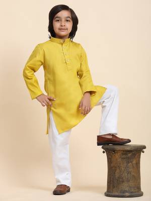 Lemon Cotton Plain Kurta Pajama Set for Boys Kids Traditional Wear with Embellished Design 1