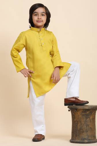 Lemon Cotton Plain Kurta Pajama Set for Boys Kids Traditional Wear with Embellished Design