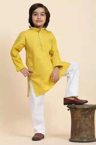 Lemon Cotton Plain Kurta Pajama Set for Boys Kids Traditional Wear with Embellished Design