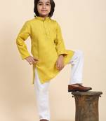 Lemon Cotton Plain Kurta Pajama Set for Boys Kids Traditional Wear with Embellished Design