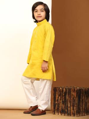 Lemon Cotton Plain Kurta Pajama Set for Boys Kids Traditional Wear with Embellished Design 2