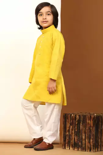 Lemon Cotton Plain Kurta Pajama Set for Boys Kids Traditional Wear with Embellished Design