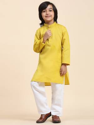 Lemon Cotton Plain Kurta Pajama Set for Boys Kids Traditional Wear with Embellished Design 3