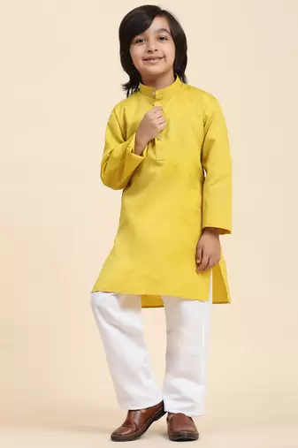 Lemon Cotton Plain Kurta Pajama Set for Boys Kids Traditional Wear with Embellished Design