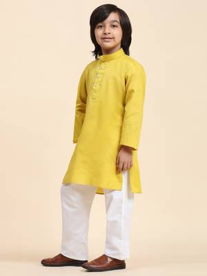 Lemon Cotton Plain Kurta Pajama Set for Boys Kids Traditional Wear with Embellished Design 4