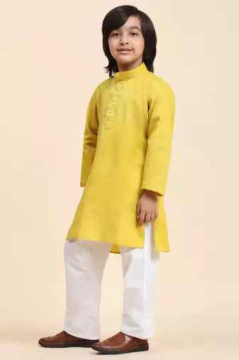 Lemon Cotton Plain Kurta Pajama Set for Boys Kids Traditional Wear with Embellished Design