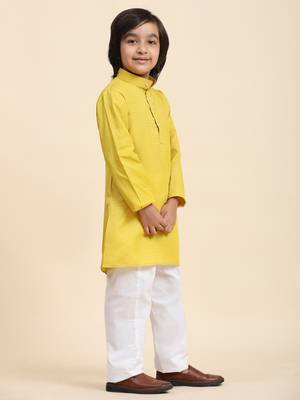 Lemon Cotton Plain Kurta Pajama Set for Boys Kids Traditional Wear with Embellished Design 5