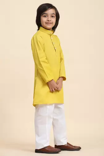 Lemon Cotton Plain Kurta Pajama Set for Boys Kids Traditional Wear with Embellished Design