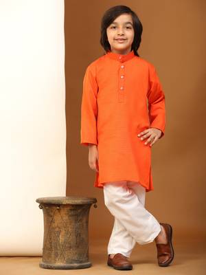 Orange Cotton Plain Kurta Pajama Set for Boys Kids Traditional Wear with Embellished Design 1