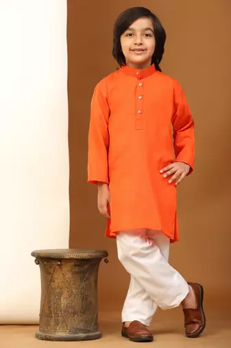 Orange Cotton Plain Kurta Pajama Set for Boys Kids Traditional Wear with Embellished Design