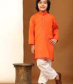 Orange Cotton Plain Kurta Pajama Set for Boys Kids Traditional Wear with Embellished Design
