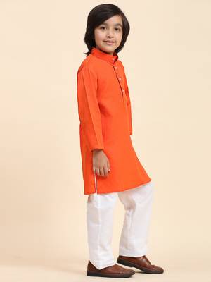 Orange Cotton Plain Kurta Pajama Set for Boys Kids Traditional Wear with Embellished Design 2