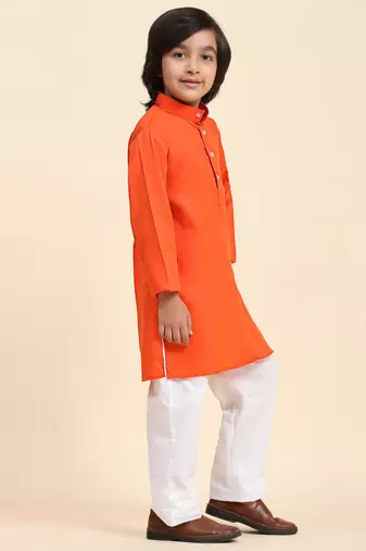 Orange Cotton Plain Kurta Pajama Set for Boys Kids Traditional Wear with Embellished Design