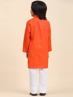 Orange Cotton Plain Kurta Pajama Set for Boys Kids Traditional Wear with Embellished Design 3