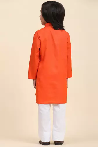 Orange Cotton Plain Kurta Pajama Set for Boys Kids Traditional Wear with Embellished Design