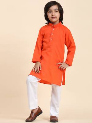 Orange Cotton Plain Kurta Pajama Set for Boys Kids Traditional Wear with Embellished Design 4