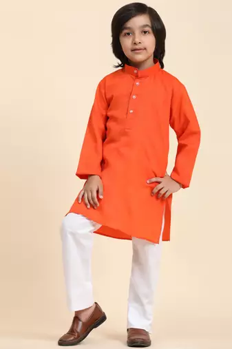 Orange Cotton Plain Kurta Pajama Set for Boys Kids Traditional Wear with Embellished Design