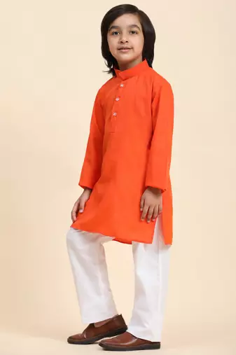 Orange Cotton Plain Kurta Pajama Set for Boys Kids Traditional Wear with Embellished Design