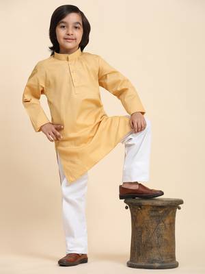 Beige Cotton Plain Kurta Pajama Set for Boys Kids Traditional Wear with Embellished Design 1