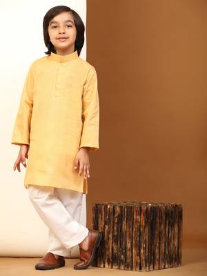 Beige Cotton Plain Kurta Pajama Set for Boys Kids Traditional Wear with Embellished Design 2